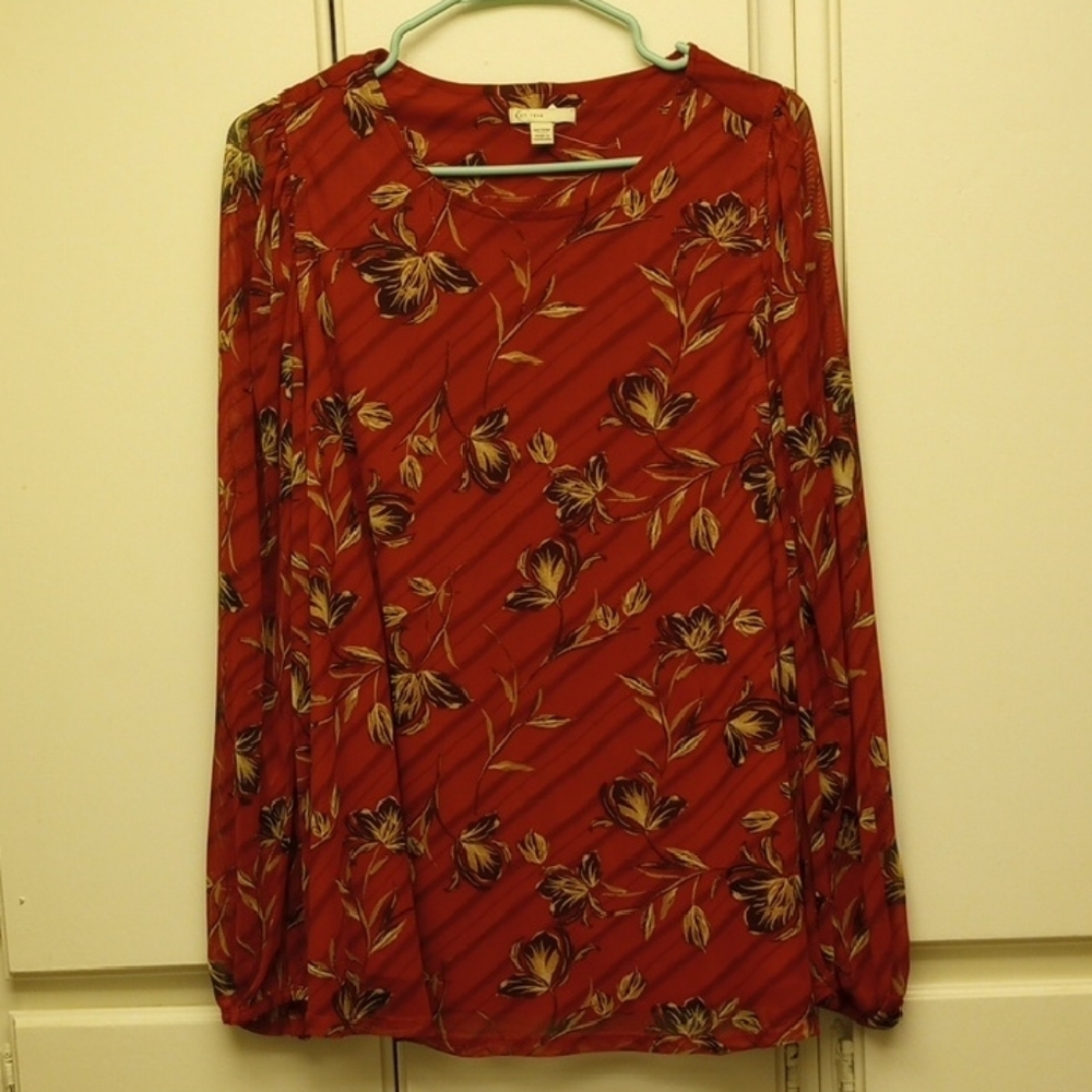 Red Long Sleeve Floral Blouse